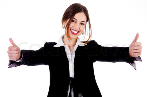 Business women showing thumbs up on a isolated white background
